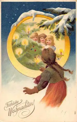 L222 Weihnachtsgrüße 1910 Mutter Kinder Baum geprägte Postkarte