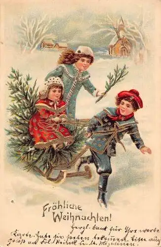 L222 Weihnachtsgrüße 1907 Kinderschlitten Weihnachtsbaum geprägte Postkarte