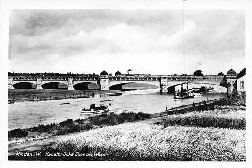 L198 Deutschland Minden i W Kanalbrücke ueber die Weser Dampfschiffe Vintage Postkarte