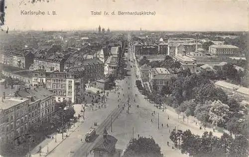 L200 Deutschland 1911 Karlsruhe i B Panoramablick Bernharduskirche Straßenbahn Postkarte