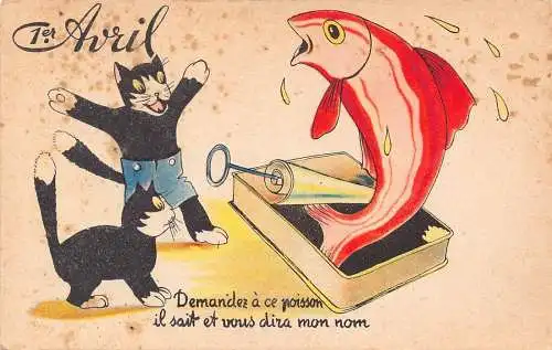 L081 1. April Narrenkatzen große Fische Comic Humor Postkarte