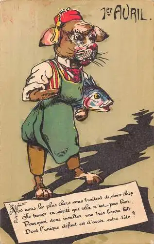 L081 Frankreich 1. Aprilscherz anthropomorpher Hund Fisch Comic Postkarte