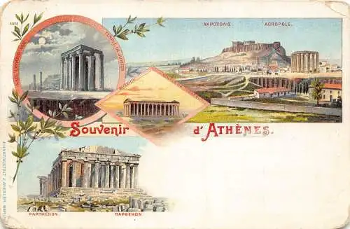 L080 Griechenland 1899 Souvenir d'Athenes mehrere Ansichten Litho Vintage Postkarte
