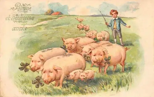 L081 Frankreich 1906 Schweine Glück Kleeblatt Neujahr geprägte alte Postkarte