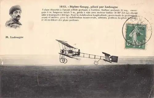 L027 Frankreich 1913 Doppeldecker Gruppe Pilot Ladougne Vintage Postkarte