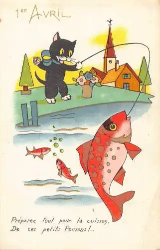 L081 Frankreich 1. April Narrentag Katze Angeln Fisch Comic Postkarte