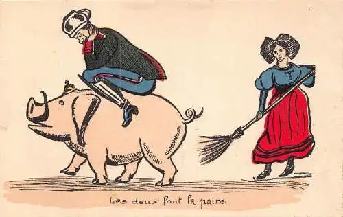 L081 Reiten Schwein Comic Humor Karikatur Vintage Postkarte