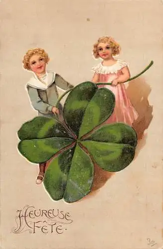L081 Frankreich 1906 GrüßeFantasie Kinder Riesen Kleeblatt Glück Prägepostkarte