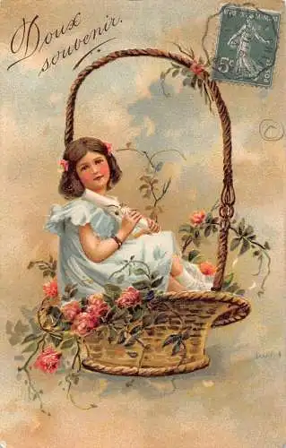 L081 Frankreich 1908 Fantasie Mädchen im Rosenkorb geprägte Postkarte