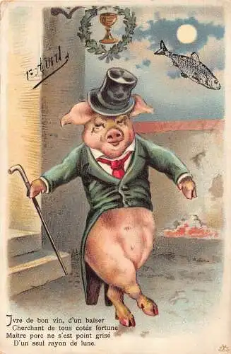 L081 Frankreich 1. April Narrentag Humanisiertes Schwein Fisch Comic Postkarte