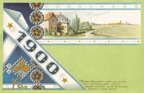 B044 Neujahrsgrüße 1900 Stern Blume Münze Motiv Landschaft Litho Postkarte