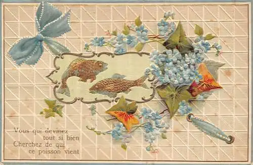 B044 Aprilscherz Band Vergissmeinnicht Blumen Fisch Prägepostkarte