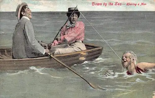 Comic Humor 1912 Unten am Meer Fischer haken einen Mann Boot Postkarte
