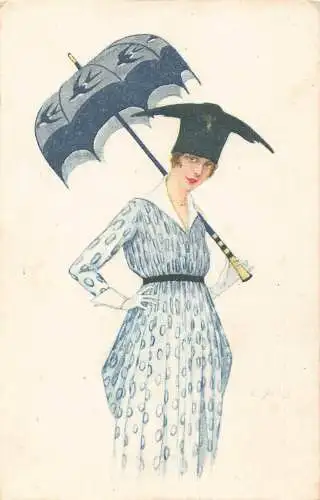 Mode Frau in blauen Kreisen detailliertes Kleid mit Regenschirm Vogel Druck Postkarte