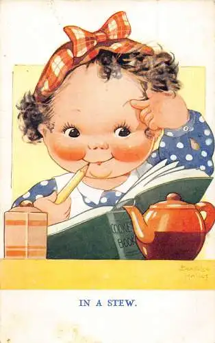 Kunst 1939 Baby Mädchen Kochbuch Teekanne im Eintopf Vintage Postkarte