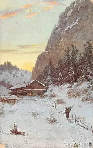 Landschaft Winter in den Bergen Mann pflegt Baum zu Cottage Vintage Postkarte