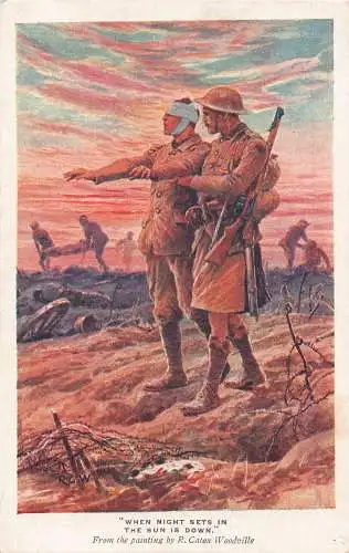Kunstkriegssoldaten helfen blinden Verletzten auf Schlachtfeld Vintage Postkarte