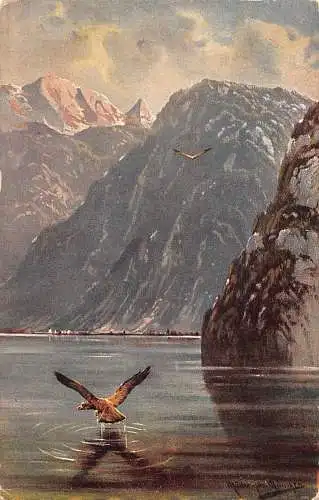 Landschaft Adler fliegen Berg See Kunst Vintage Postkarte