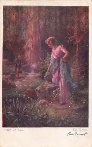 Art Die Forelle Göttliche Landschaft Wald Fischer Elegante Frau Zatka Postkarte