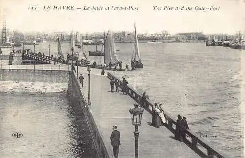 Frankreich Le Havre Der Pier und Außenhafen Segelboot Vintage Postkarte