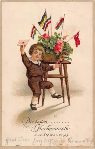 B047 Zentralmacht Propaganda Namenstag Junge Fahnen Rosen Brief Postkarte