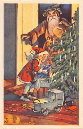 B048 Weihnachtskunst Weihnachtsmann im braunen Gewand Mädchen im roten Gewand Spielzeug Auto Baum Postkarte