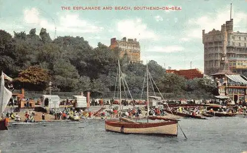 England 1907 Esplanade and Beach Southend-on-Sea Boats Vintage Postkarte