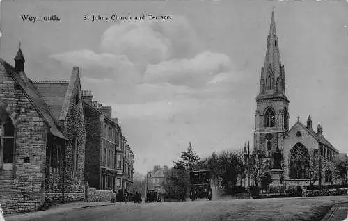 England 1913 Weymouth St Johns Church and Terrace Car Oldtimer Postkarte