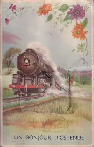 B054 Neuheit Auszug Belgien Bounjour d'Ostende Dampflok Blumen Postkarte