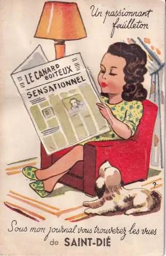 B054 Neuheit Pull Out Saint Die Frankreich Mädchen Zeitung Hund 1952 Postkarte