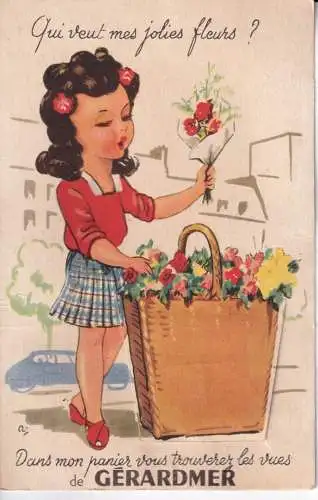 B054 Neuheit ausziehbar Gerardmer Frankreich Mädchen Blumen Korb Vintage Postkarte
