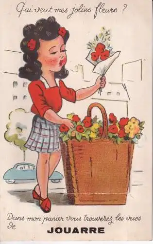 B054 Neuheit ausziehbar Jouarre Frankreich Mädchen Blumen Korb Vintage Postkarte