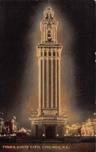 US Illinois Chicago Tower White City at Night Vintage Postkarte