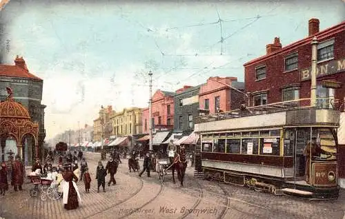 B055 England 1910 High Street West Bromwich Tram Carriage Postkarte