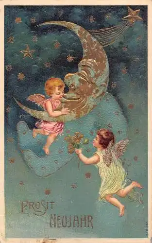 B046 Neujahr 1907 Humanisierte Mondsichel Cherubs Sterne geprägte Postkarte