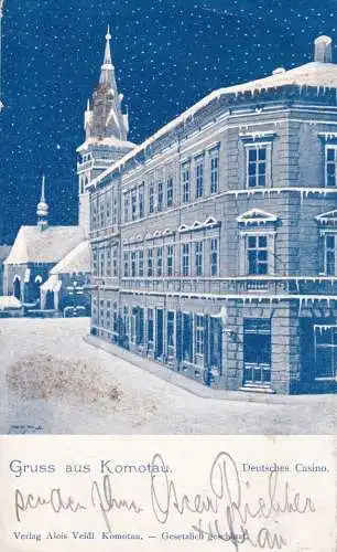 B058 Tschechien 1902 Gruss aus Komotau Deutsches Casino Glitzer Schnee Postkarte