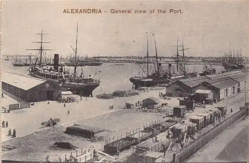 Ägypten Alexandria Gesamtansicht Hafen Dampfschiffe Güterzug Waggons Postkarte