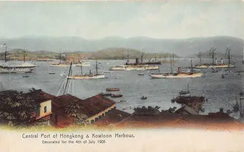 Hong Kong Central Port and Kowloon Harbor Steamboats Vintage Postkarte