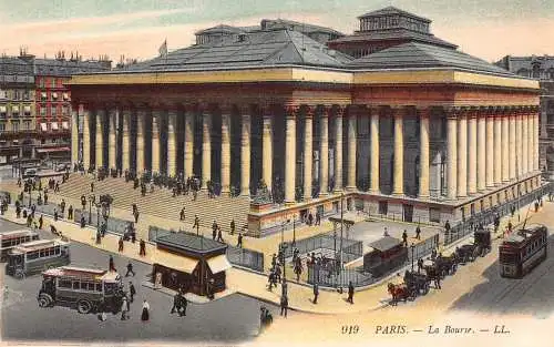 Frankreich Paris La Bourse Busse Straßenbahn Vintage Postkarte
