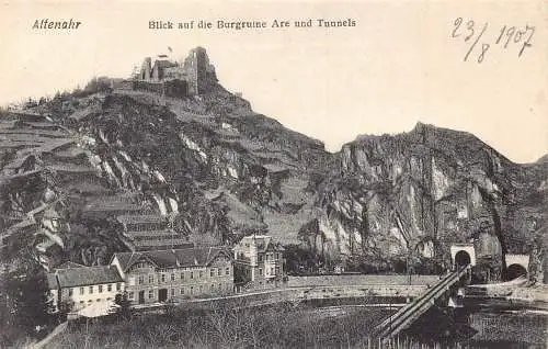 A108 Deutschland 1907 Altenahr Blick auf Zitadellenruine Are und Tunnelbahn Postkarte