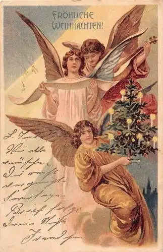 A112 Weihnachtsgrüße 1904 Engel singen Mandoline Baumkerze Litho Postkarte