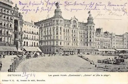 A114 Belgien 1904 Oostende Hotels Continental, Ocean and De la Plage Postkarte