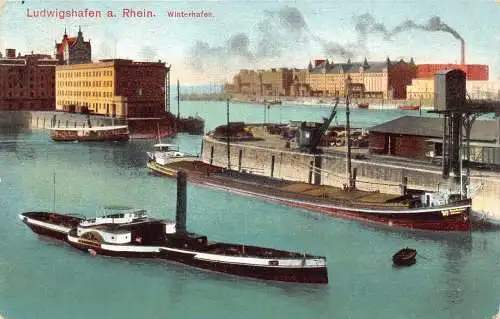 A118 Deutschland 1913 Ludwigshafen a Rheinhafen Dampfschiffe Vintage Postkarte
