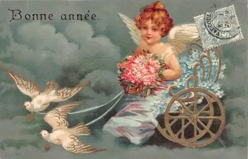 L085 Grüße Frohes Neues Jahr 1905 Engel Cherub weiße Tauben geprägte Postkarte