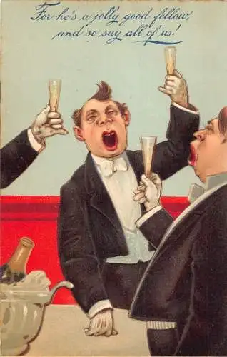 L028 Männer feiern, Champagner Comic geprägte britische Vintage Postkarte