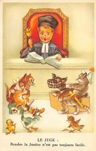 L085 Kinderrichter zwischen Katzen Enten Vogel Fantasie Postkarte