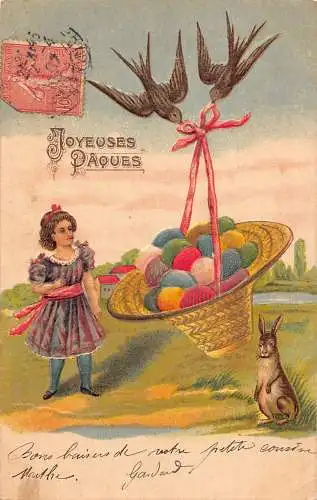 L085 Ostergrüße 1907 Mädchen Hase Schwalbe Eier Fantasie Prägepostkarte