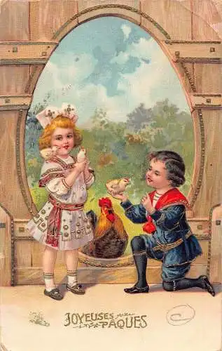 L085 Ostergrüße 1912 Kinder Küken Hahn Fantasy Vintage Postkarte