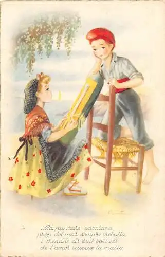 L085 Junge und Mädchen flirten signierte Postkarte