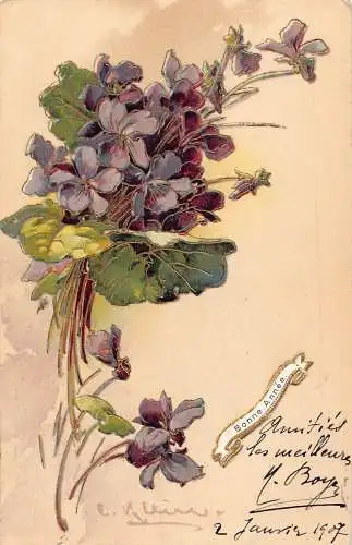 L085 Grüße 1907 Flieder Blumen signiert C. Klein Fantasy Vintage Postkarte